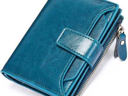 Women's Genuine Leather Bifold Compact  Blocking Wallet, Blue, 5.12 x 3.93 x 1.2 in