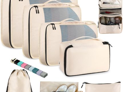 8-Piece Packing Cubes for Travel, Mesh Luggage Organizers with Shoe Bag, Toiletry Bag, Laundry Pouches, 4 Sizes (XL/L/M/S) for Suitcase Organization, Men Women Kids, Beige