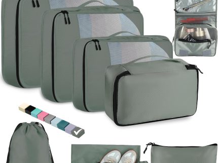 8-Piece Packing Cubes for Travel, Mesh Luggage Organizers with Shoe Bag, Toiletry Bag, Laundry Pouches, 4 Sizes (XL/L/M/S) for Suitcase Organization, Men Women Kids, Avocado Green