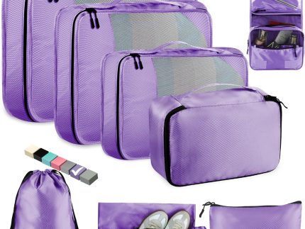 8-Piece Packing Cubes for Travel, Mesh Luggage Organizers with Shoe Bag, Toiletry Bag, Laundry Pouches, 4 Sizes (XL/L/M/S) for Suitcase Organization, Men Women Kids, Purple